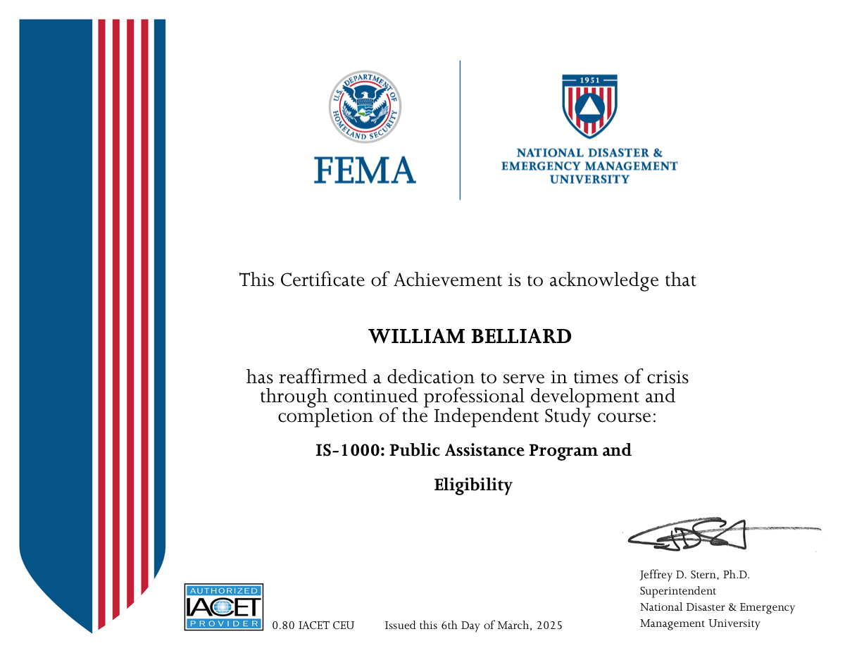 FEMA IS-1000 Certificate of Achievement — William Belliard