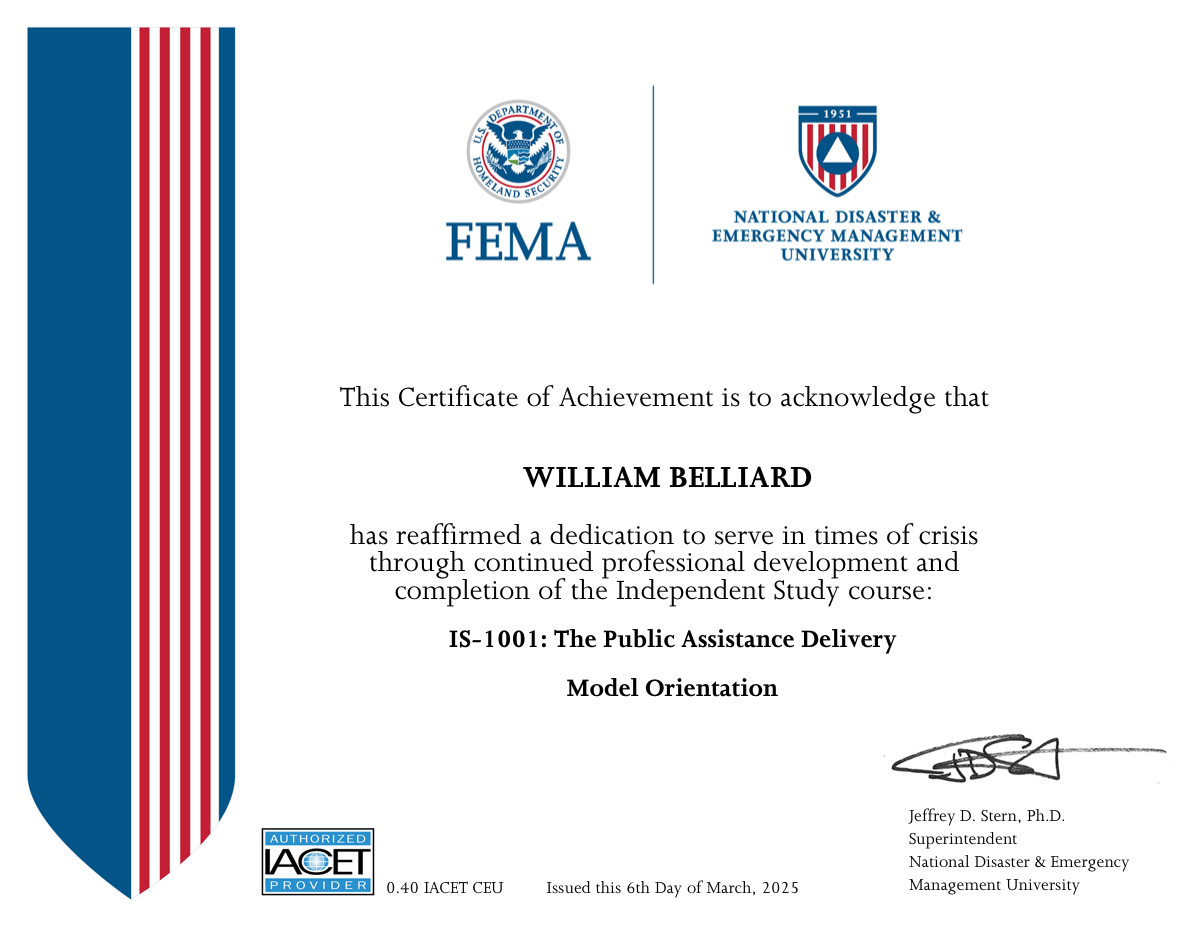 FEMA IS-1001 Certificate of Achievement — William Belliard