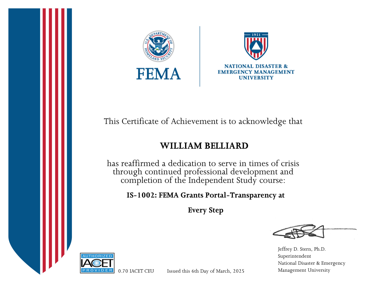 FEMA IS-1002 Certificate of Achievement — William Belliard