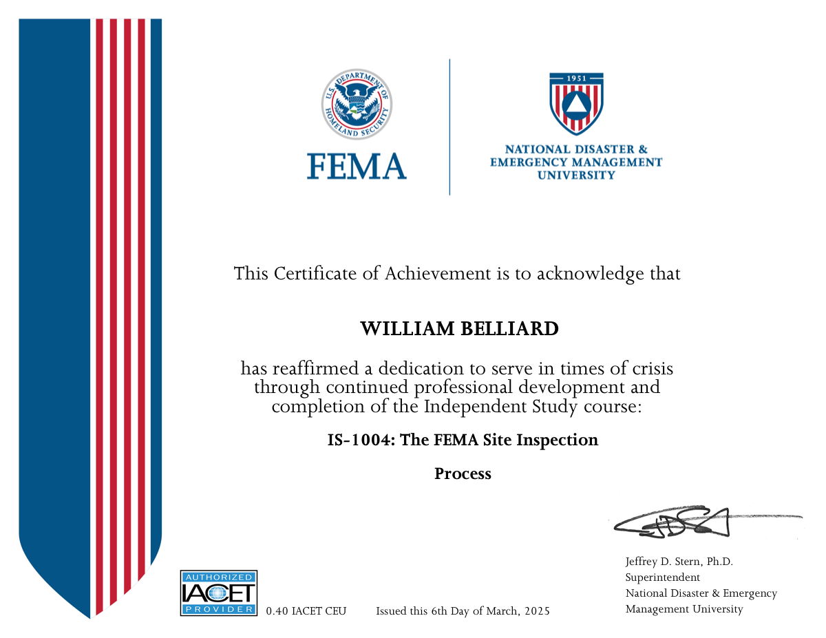 FEMA IS-1004 Certificate of Achievement — William Belliard